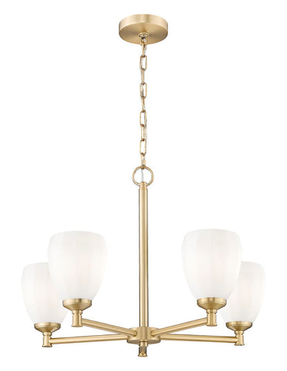 angled view modern gold chandelier with tulip glass.