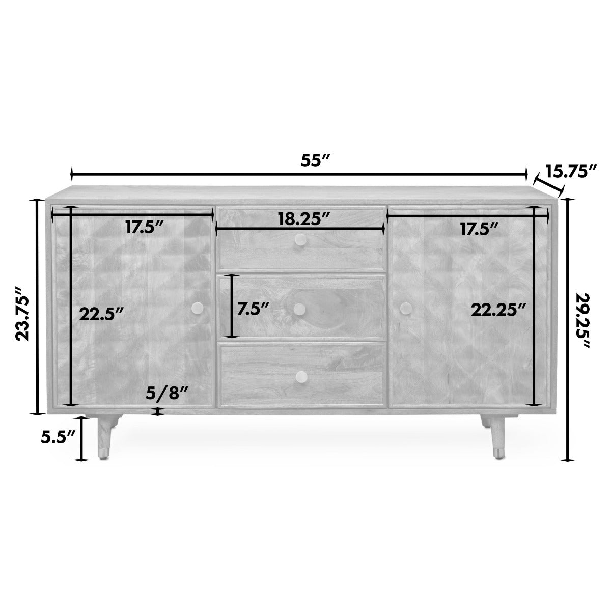 Dimension chart for the Hadley Sideboard with detailed measurements.