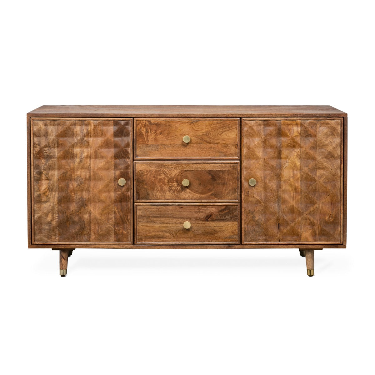 Front view of Hadley Dining Sideboard with carved doors, three drawers, and gold hardware.