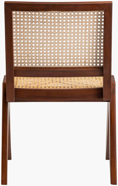 Back view of the Hague Dining Chair, emphasizing the sturdy wood frame and elegant rattan detailing.