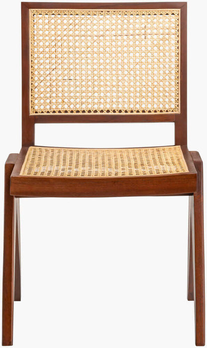 Front view of the Hague Dining Chair, displaying its woven rattan seat and backrest with a sturdy wood frame.