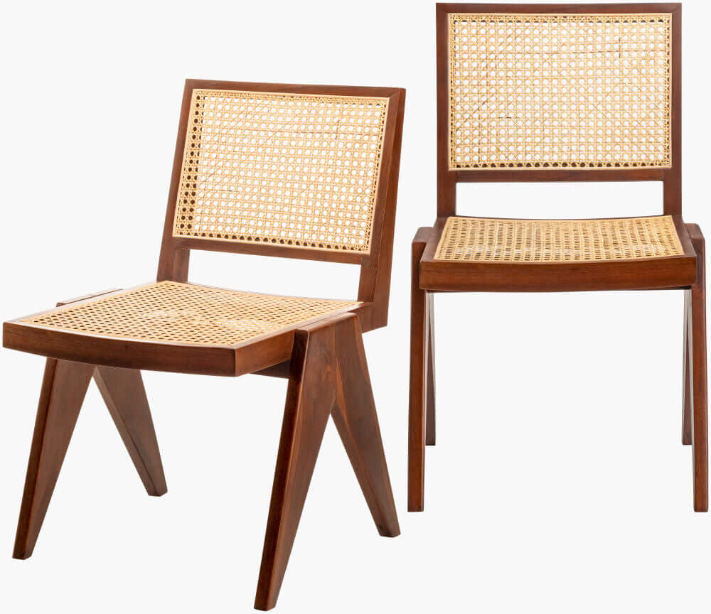 Pair of Hague Dining Chairs with rattan seat and backrest, highlighting their modern design and solid wood frame.