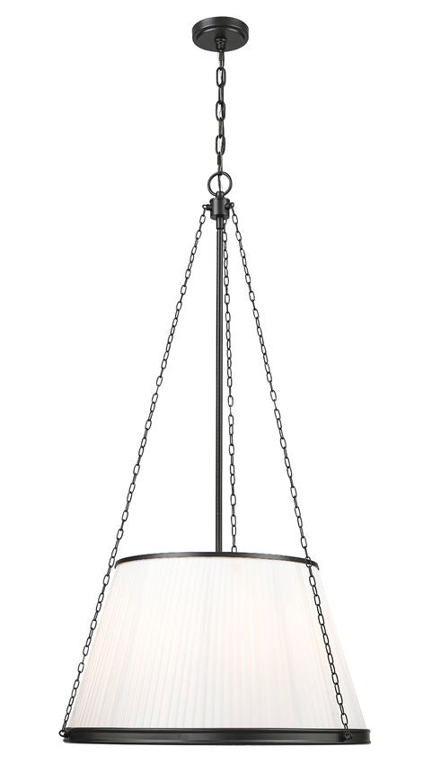 matte black steel five-light pendant light with white diffuser.