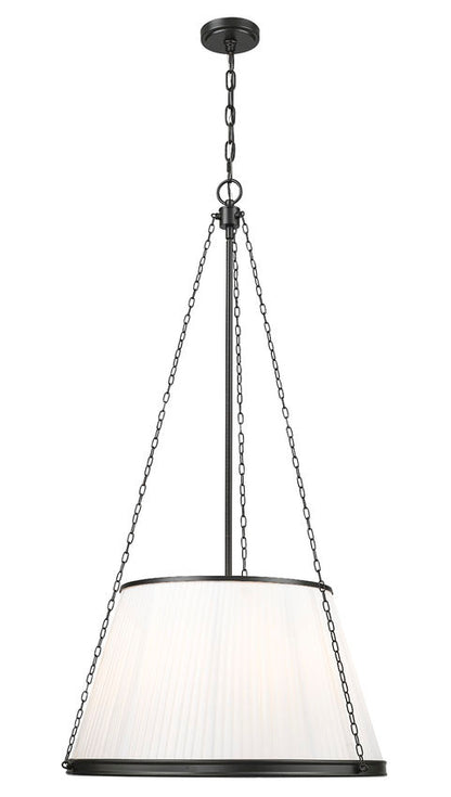 matte black steel five-light pendant light with white diffuser.