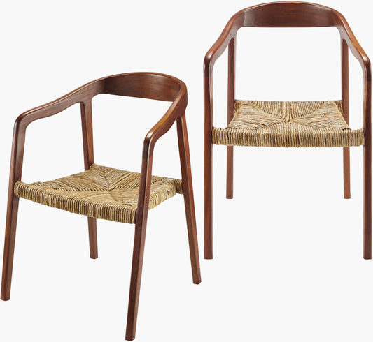 Set of two Hefei Scandinavian Dining Arm Chairs made with hand-painted teak wood and seagrass seats.