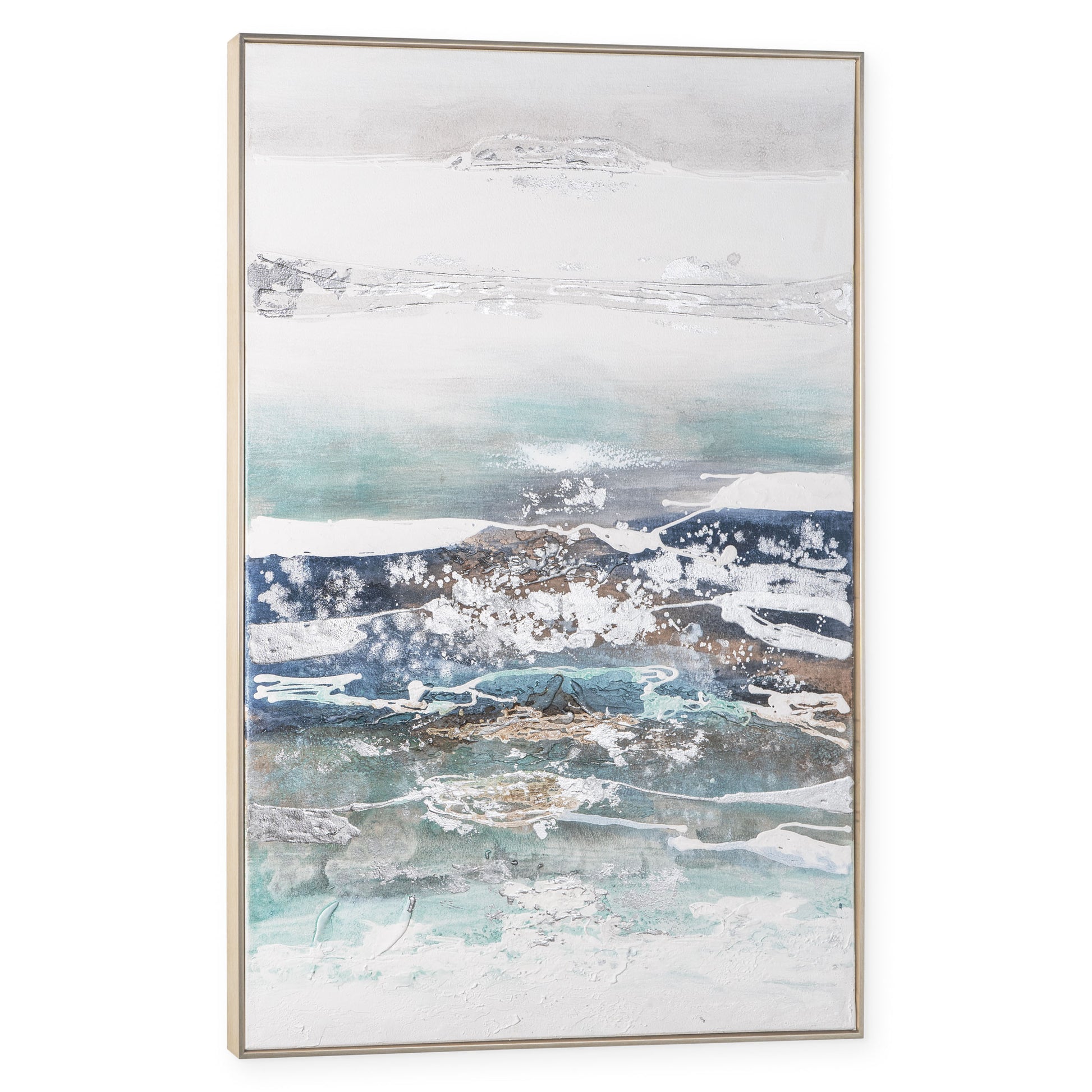 Side angle of High Seas canvas showing silver frame and textured blue abstract design.