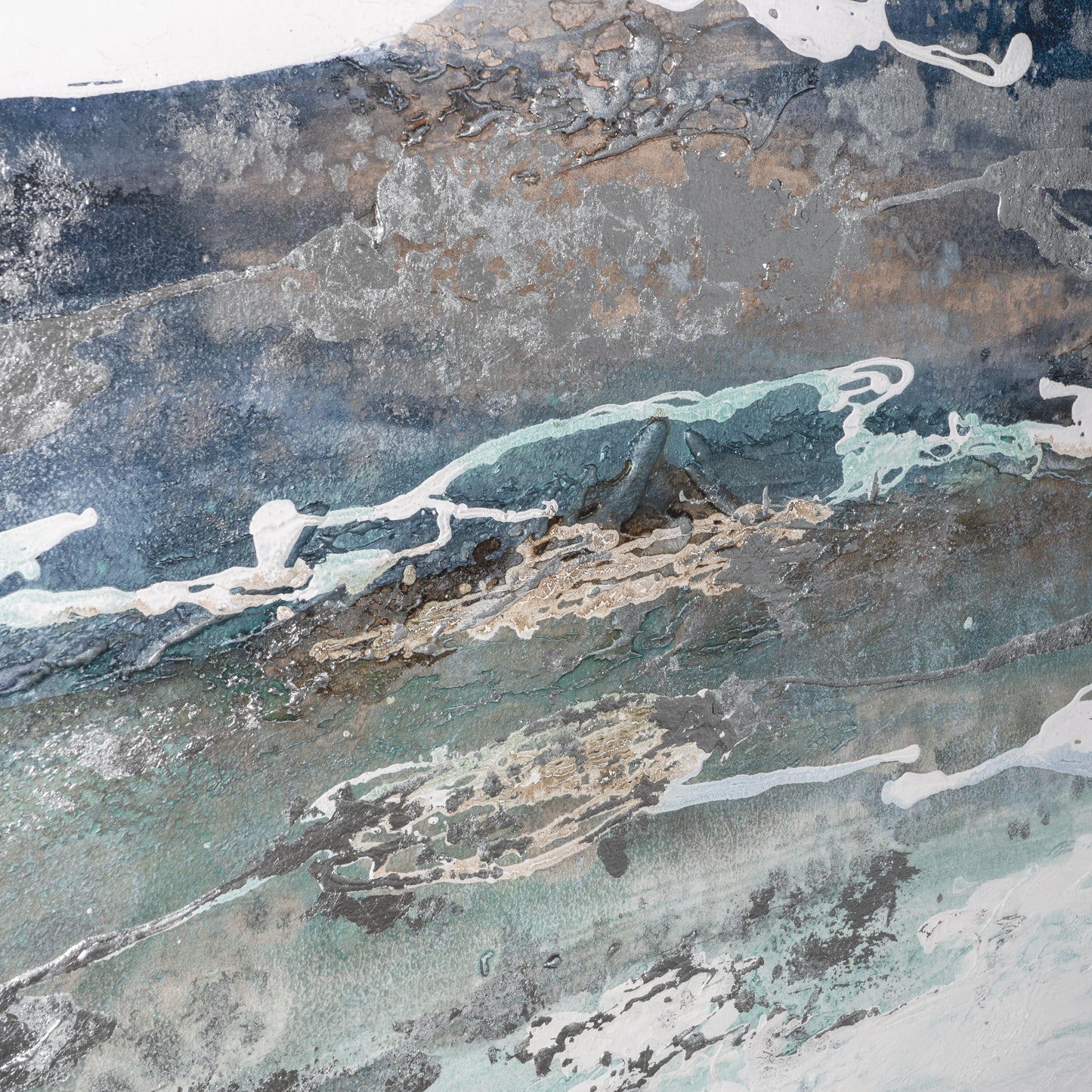 Detail shot of ocean-inspired texture with layers of green, white, and blue tones.