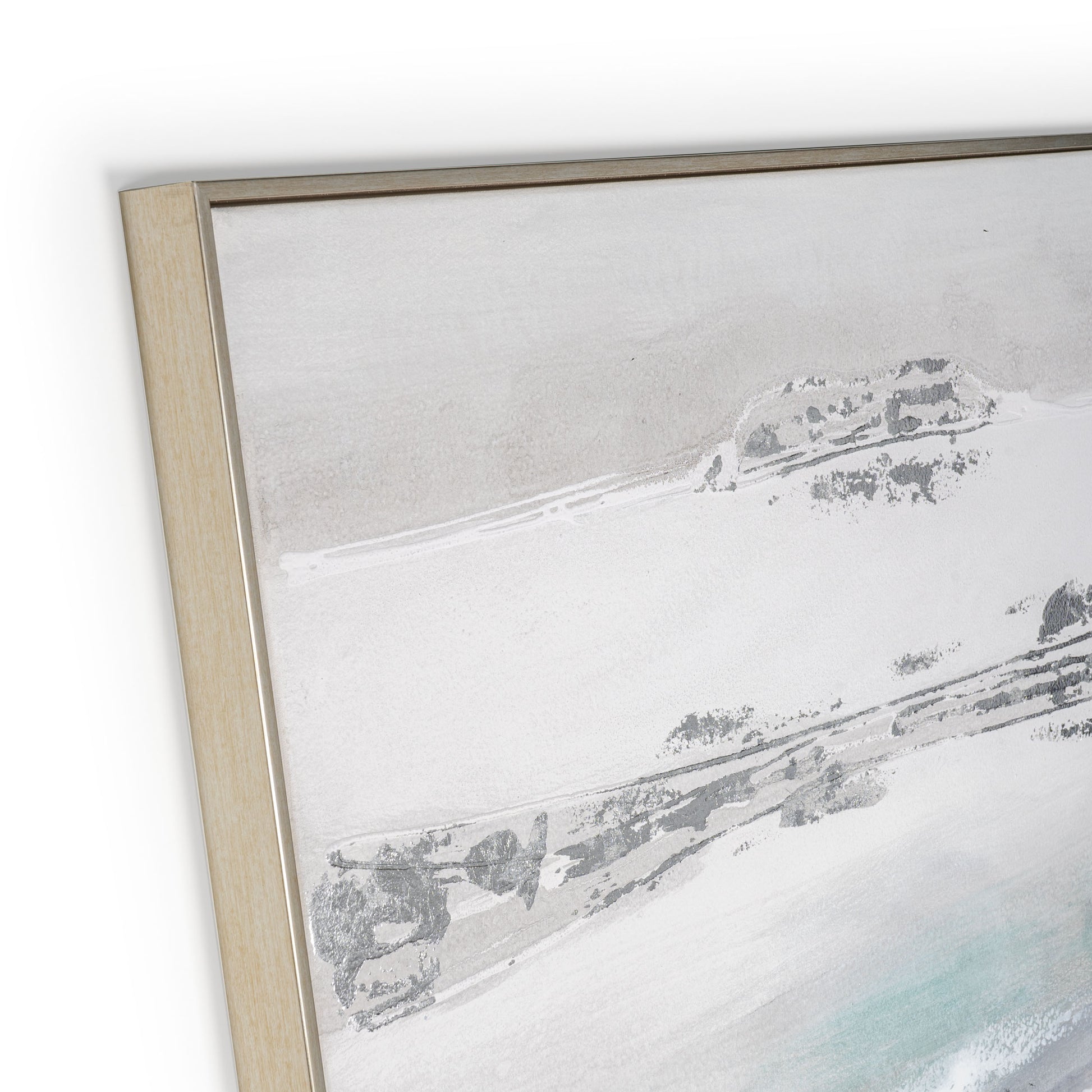 Corner detail of High Seas canvas featuring polished silver frame and artistic textures.