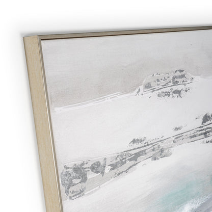 Corner detail of High Seas canvas featuring polished silver frame and artistic textures.