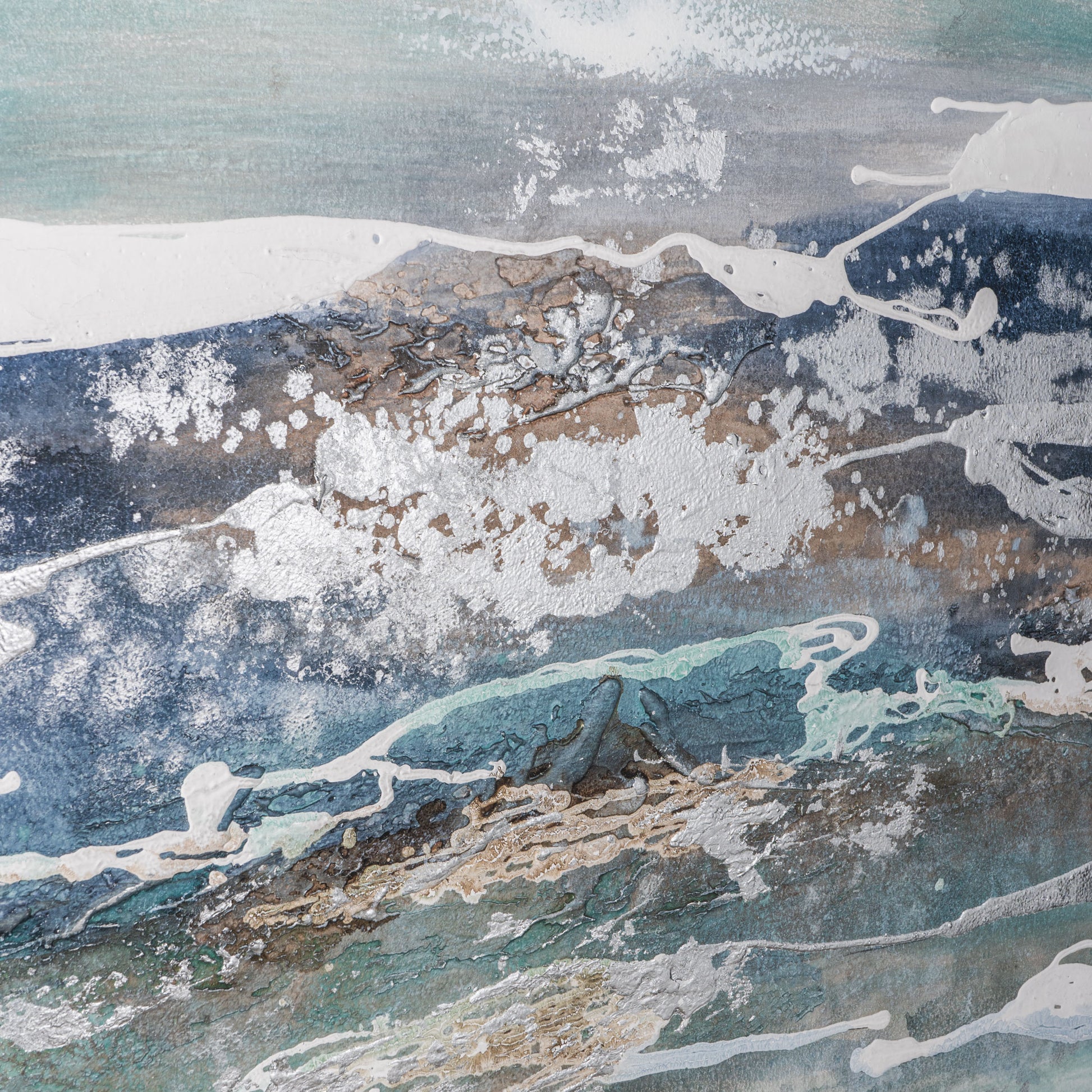 Close-up of textured brushwork showcasing silver and blue details on High Seas artwork.