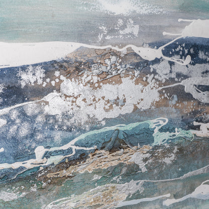 Close-up of textured brushwork showcasing silver and blue details on High Seas artwork.