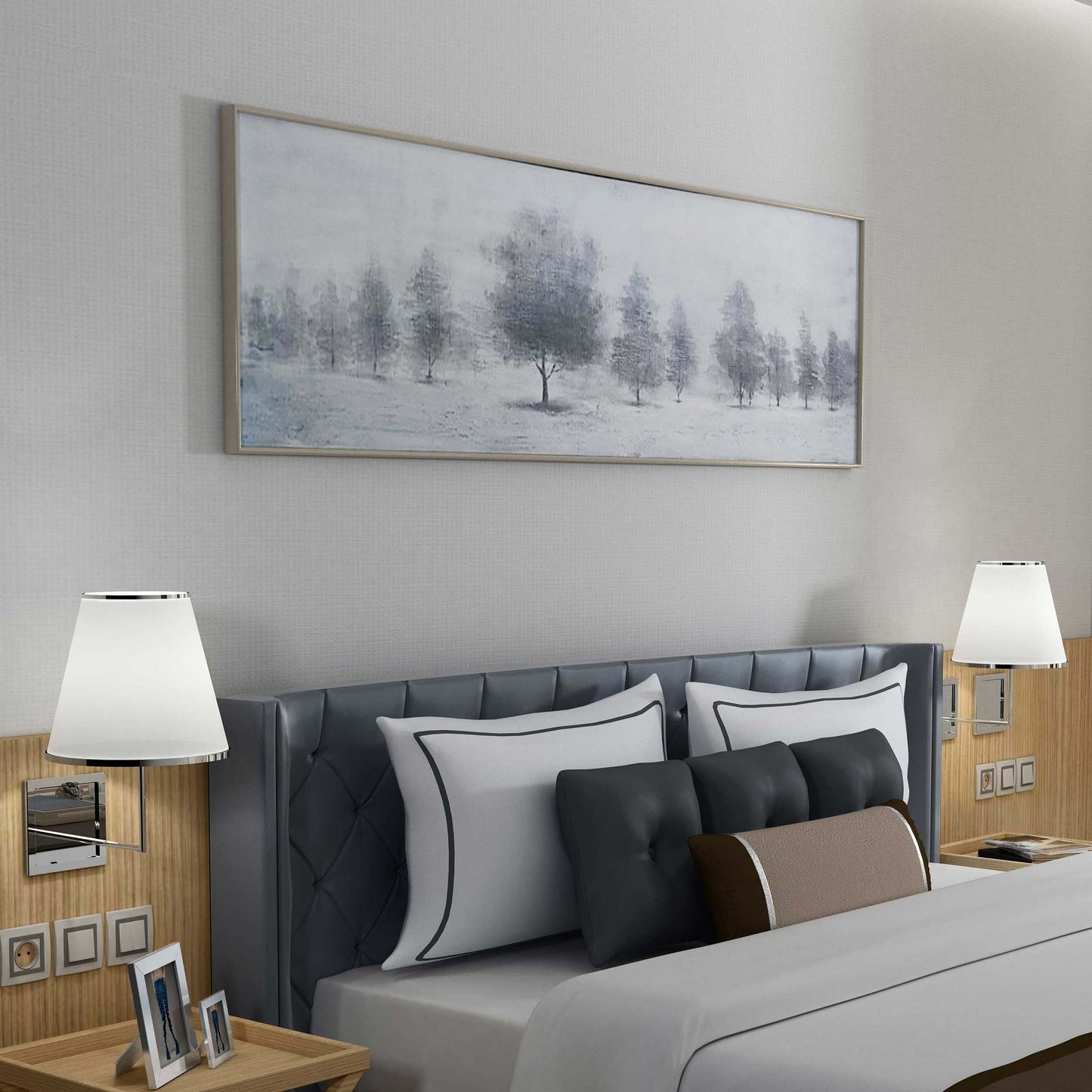 Horizontal trees painting mounted above a contemporary bed with modern decor accents.