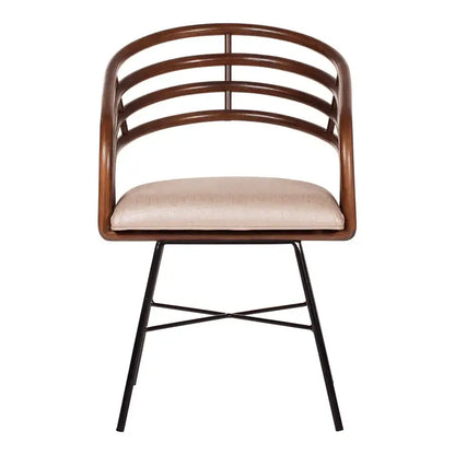 Brown rattan side chair with black legs and beige cushion, front view.