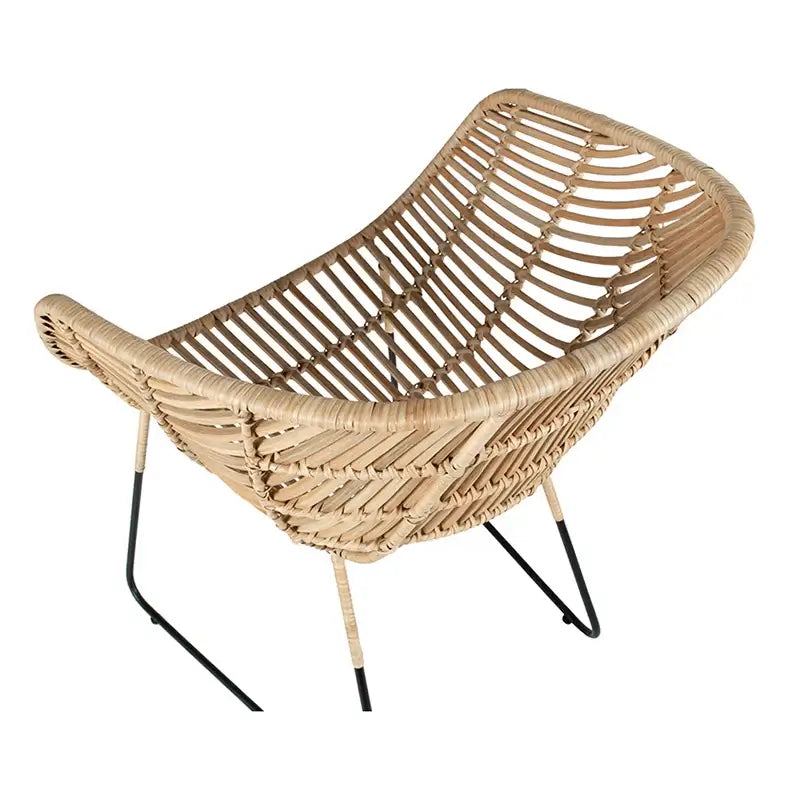 Overhead view of David Francis Bali modern rattan dining arm chair highlighting its unique bucket seat design and natural finish.