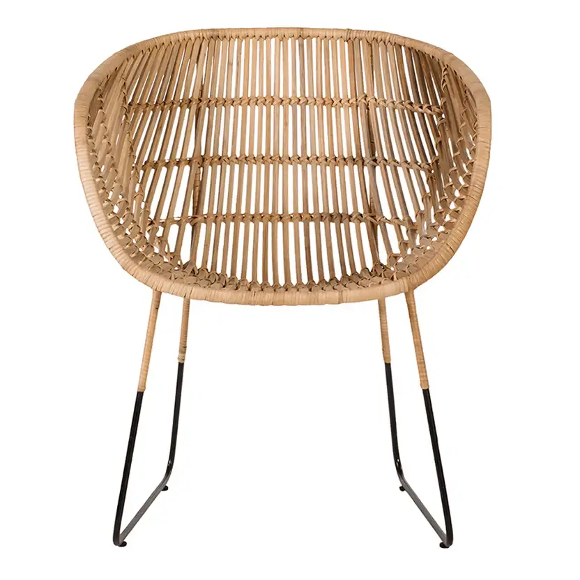 Front view of David Francis Bali modern rattan dining arm chair showing the intricate rattan weave and sleek black metal legs.