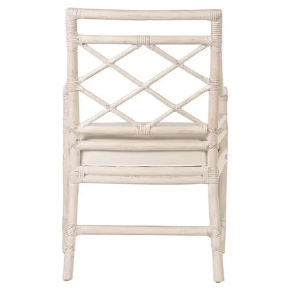 Back view of the David Francis X & Diamond Tight Back Dining Arm Chair in Weathered White finish, emphasizing the durable rattan frame.