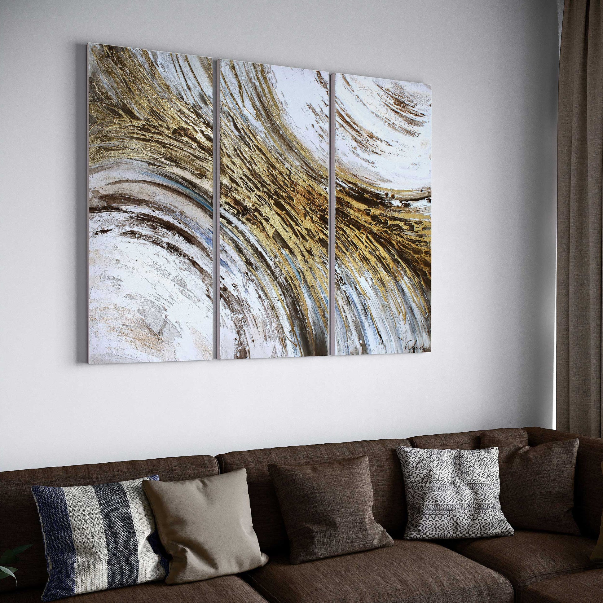 Indroduction S3 hand-painted canvas above a sofa with neutral decor in a contemporary living room.