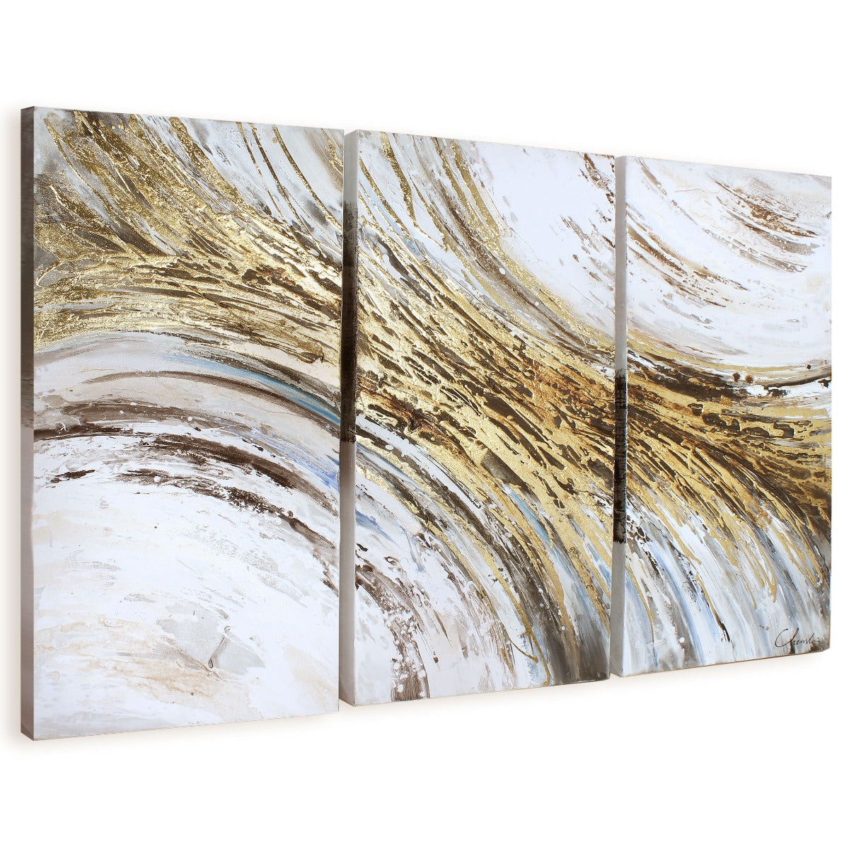 Angled view of 3-panel abstract art featuring gold leaf accents and swirling blue-gray brushstrokes.