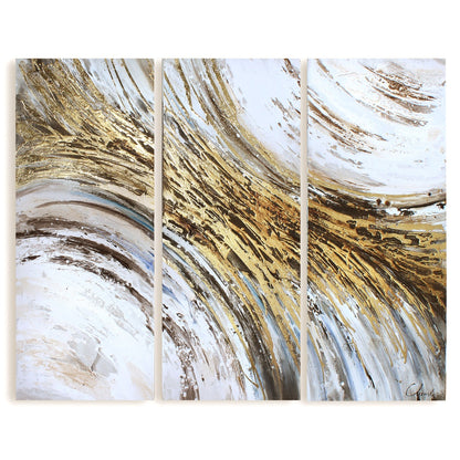 Three-panel abstract canvas featuring gold leaf accents and swirling blue-gray tones in a modern design.