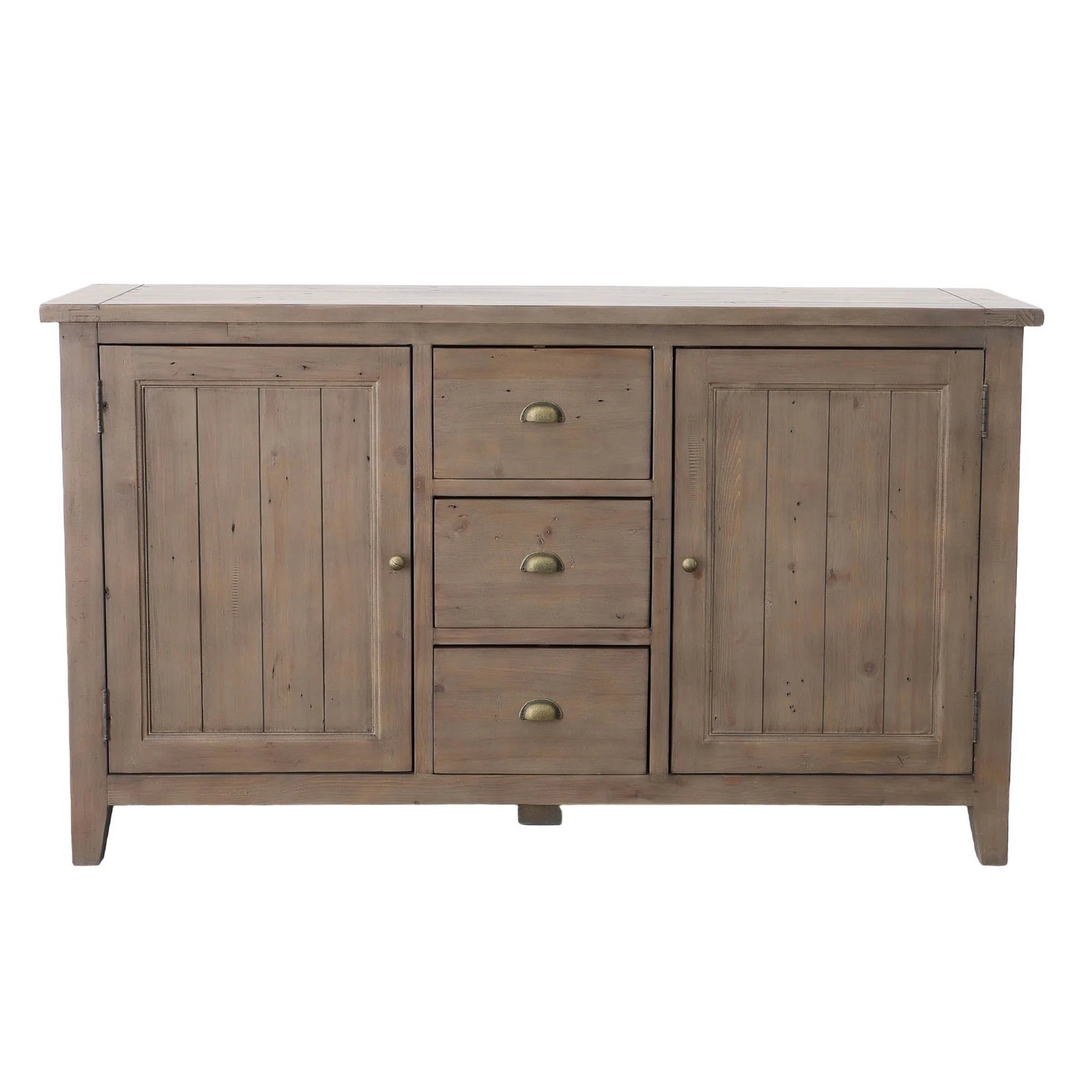 Front view of the Irish Coast Sundried reclaimed wood sideboard with a rustic finish nd brass hardware.