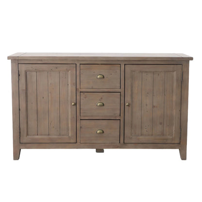 Front view of the Irish Coast Sundried reclaimed wood sideboard with a rustic finish nd brass hardware.