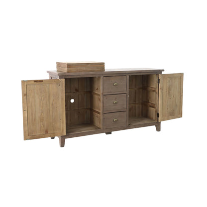 Irish Coast rustic wooden sideboard showing adjustable shelves and three center drawers in a rustic sundried finish.