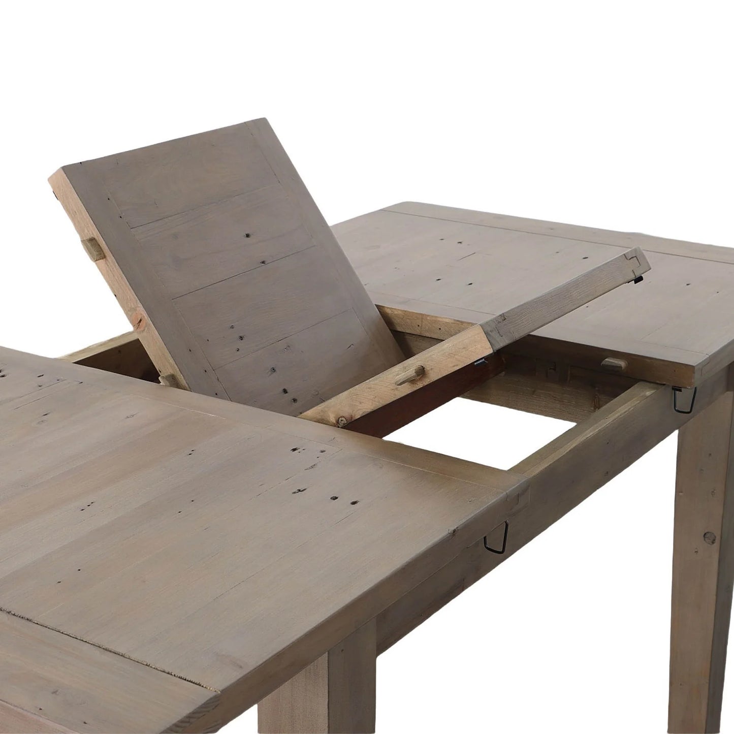 Close-up view of the butterfly leaf extension mechanism on the Irish Coast small rectangular dining table.