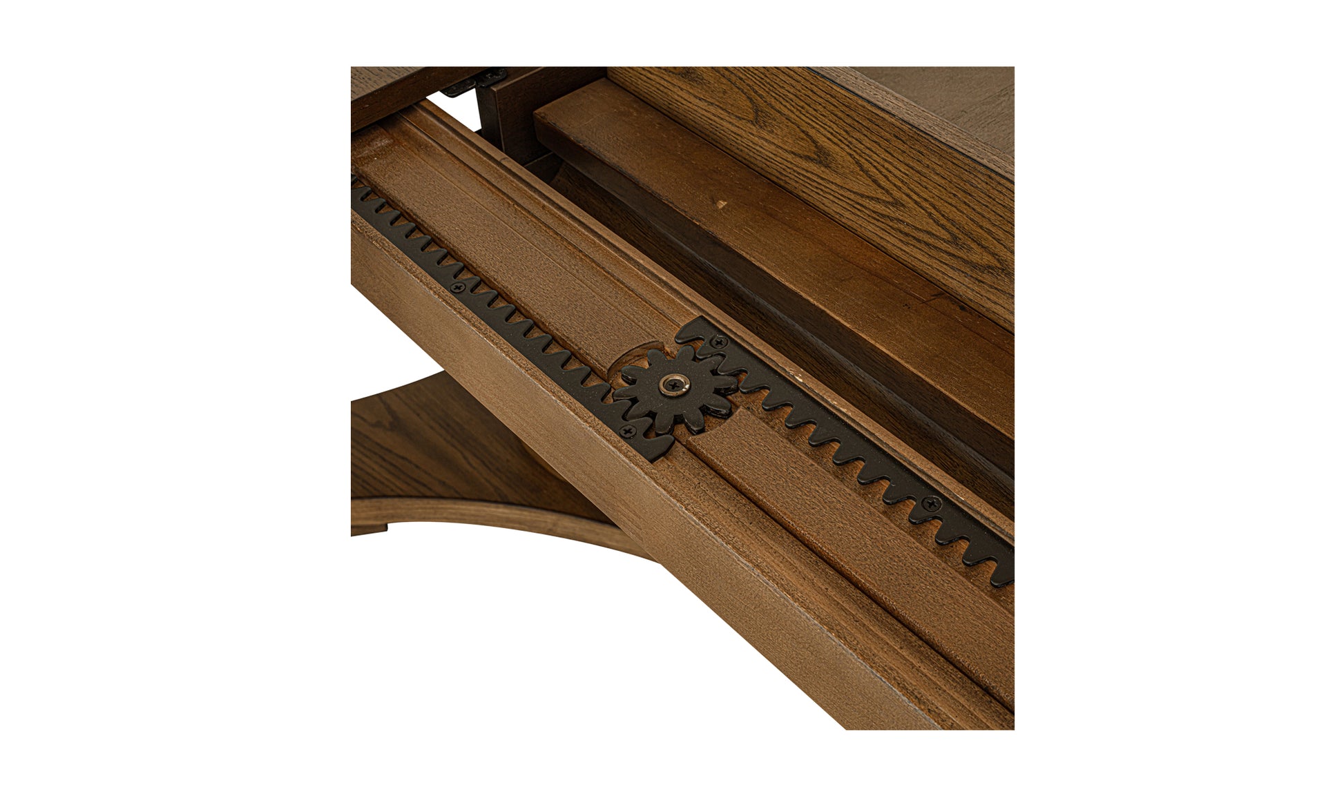 Gear mechanism of the jamie brown extension leaf dining table extension system in a dark wood frame.