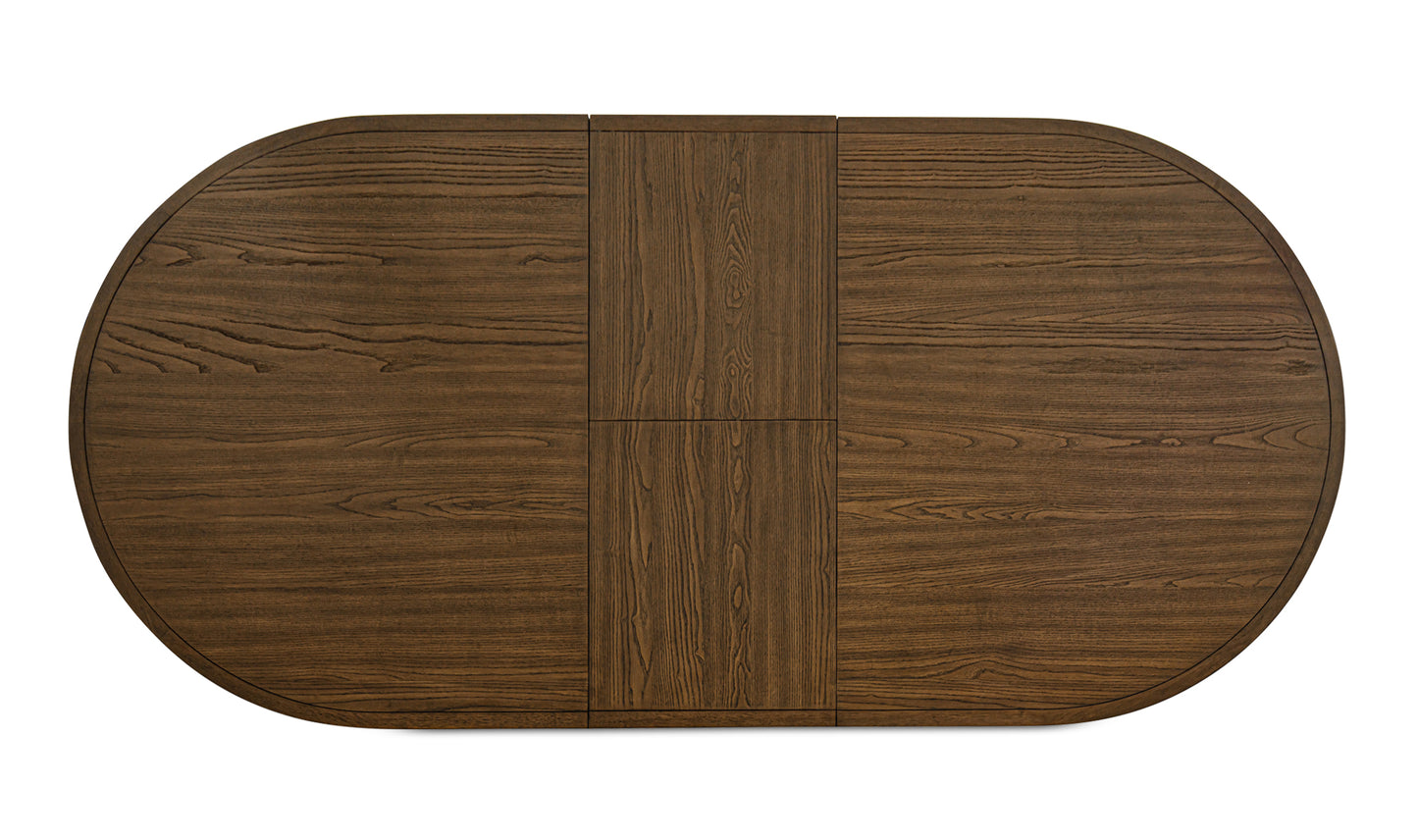 Top view of the Jamie brown extension leaf dining table with rich brown ash veneer finish.