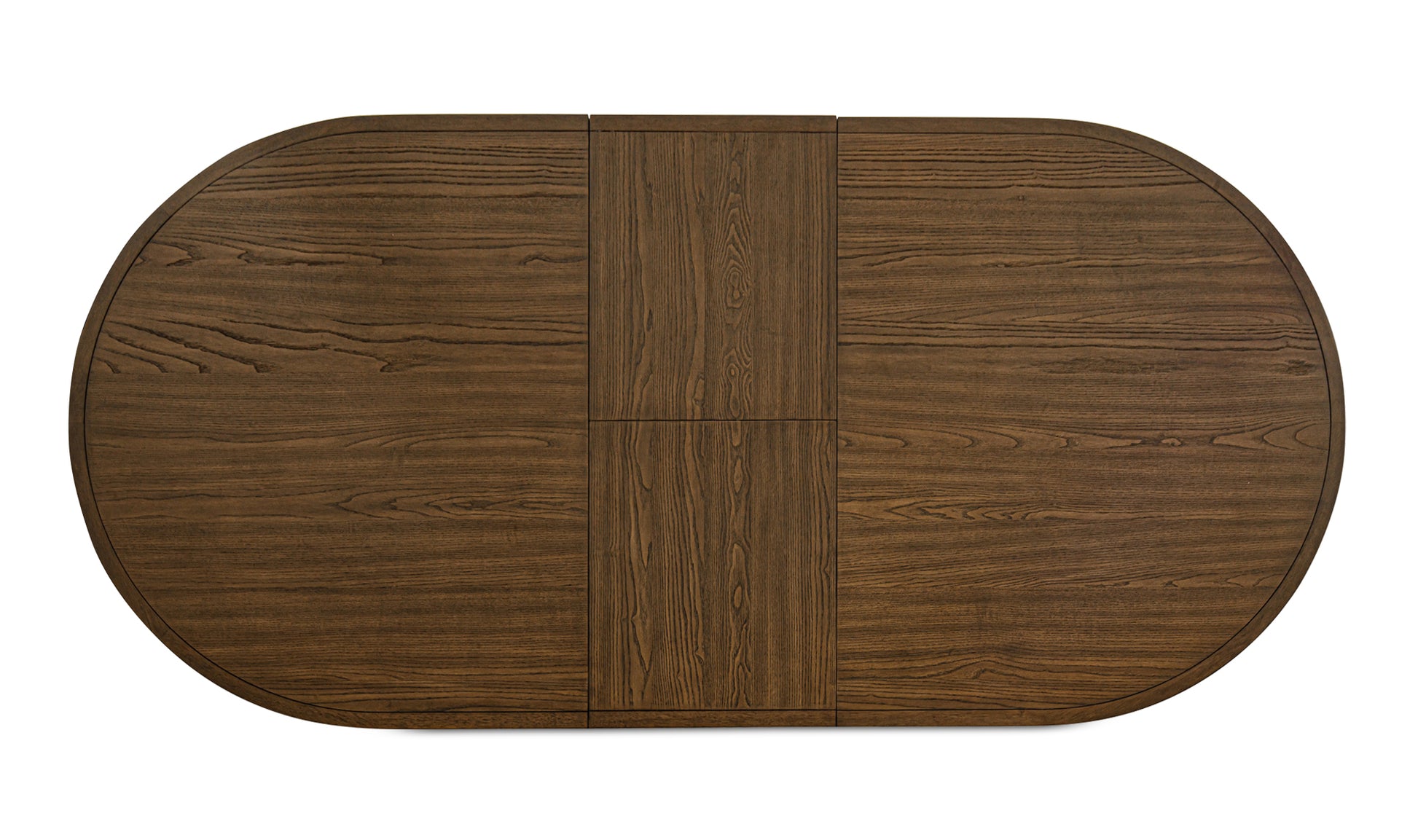 Top view of the Jamie brown extension leaf dining table with rich brown ash veneer finish.