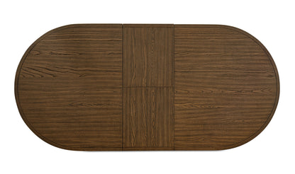 Top view of the Jamie brown extension leaf dining table with rich brown ash veneer finish.