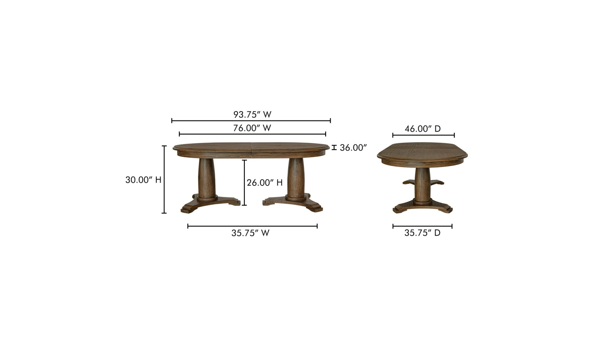 Dimension guide of the Jamie extension lead dining table for 10 in both closed and extended positions.