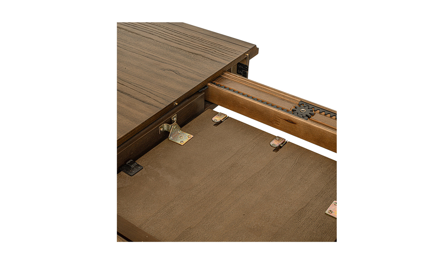 Close-up view of the self-storage butterfly extension mechanism on the Jamie extension leaf dining table for 10 in vintage brown.