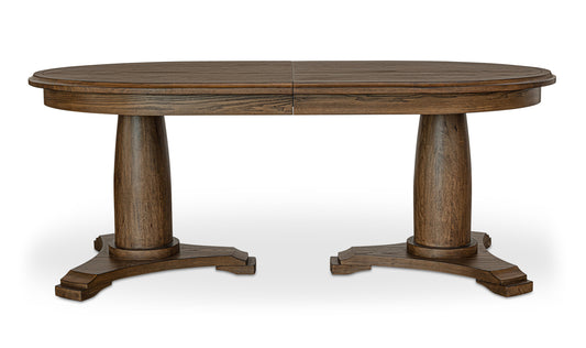 Front view of the Jamie brown extension leaf dining table showcasing its oval design and vintage brown wood finish.