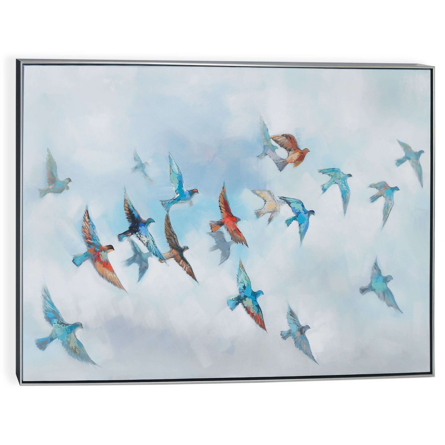 Journey canvas with colorful birds in flight, blue and red accents, framed in black and silver.