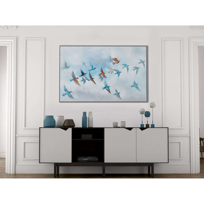 Journey painting displayed above a modern white console, enhancing a minimalist interior.