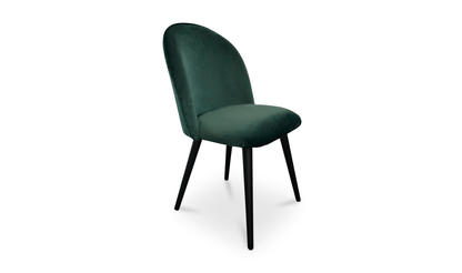 Angled view of the Clarissa Green Dining Chair emphasizing the curved seat and modern style.