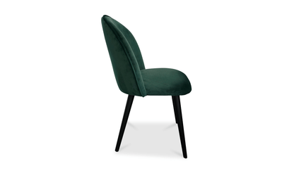 Side profile of the Clarissa Green Dining Chair highlighting its flared legs and smooth upholstery.