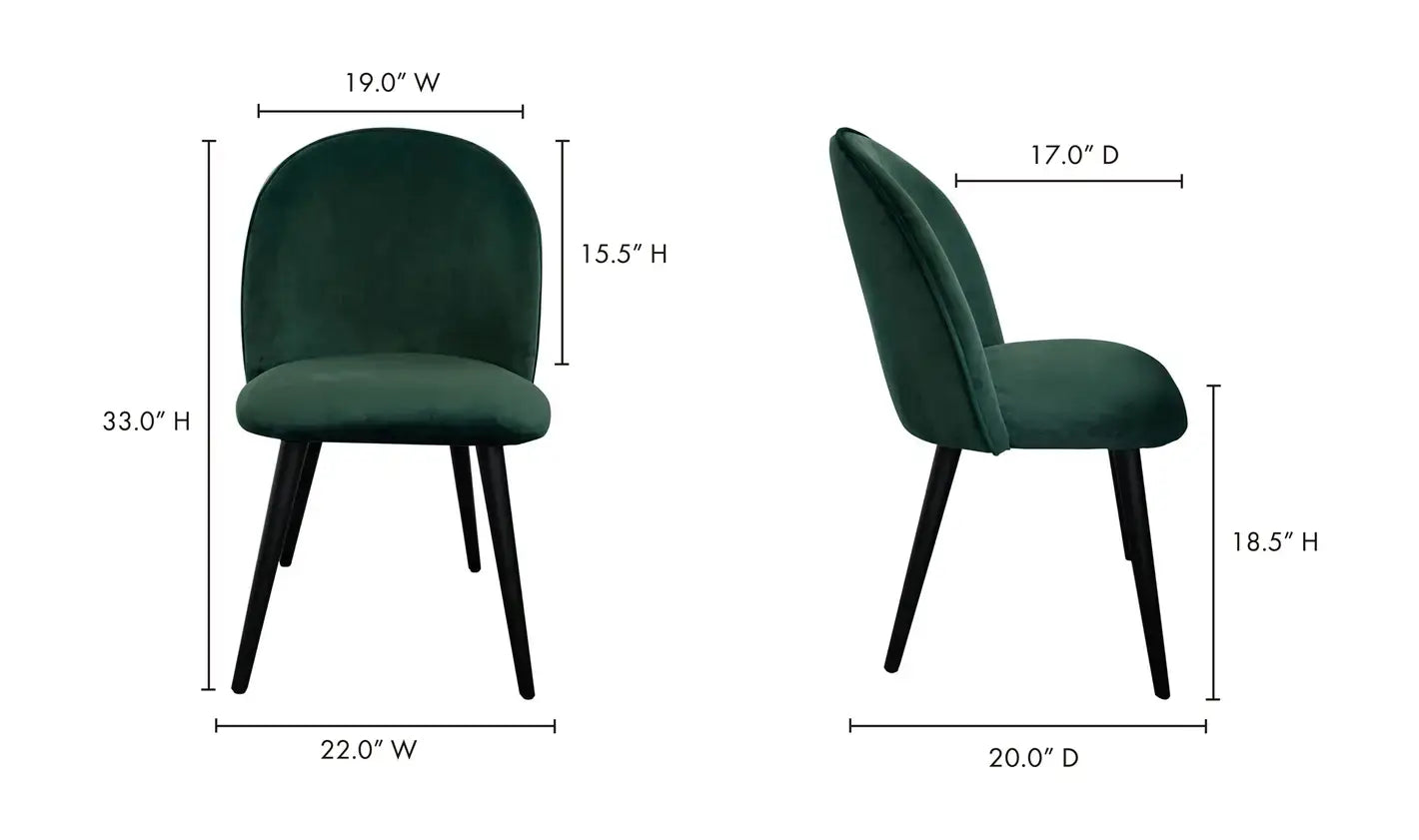 Dimension illustration of the Clarissa Green Dining Chair with all measurements.