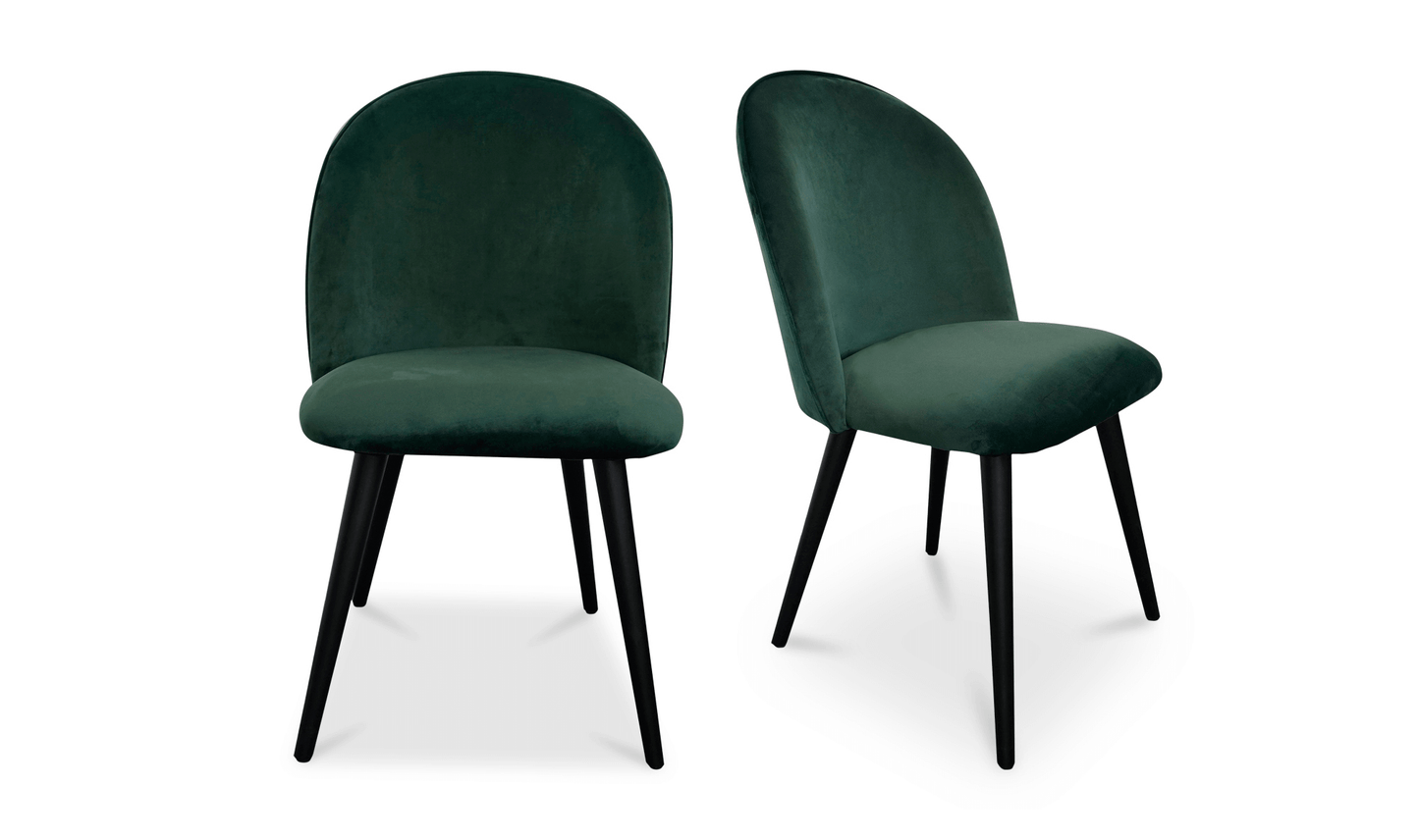 Front and angled view of the Clarissa Green Dining Chair by Moe's Home Collection with green upholstery and black legs.