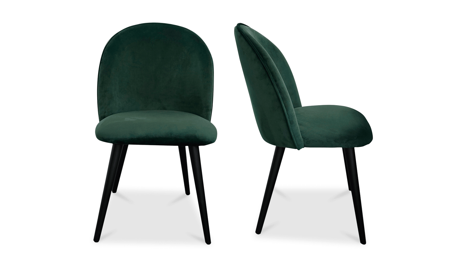 Clarissa Green Dining Chair by Moe's Home Collection, front and side view, green upholstered seat and back, black legs.