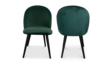 Front and back view of the Clarissa Green Dining Chair by Moe's Home Collection, showcasing green upholstered seat and back with black legs.