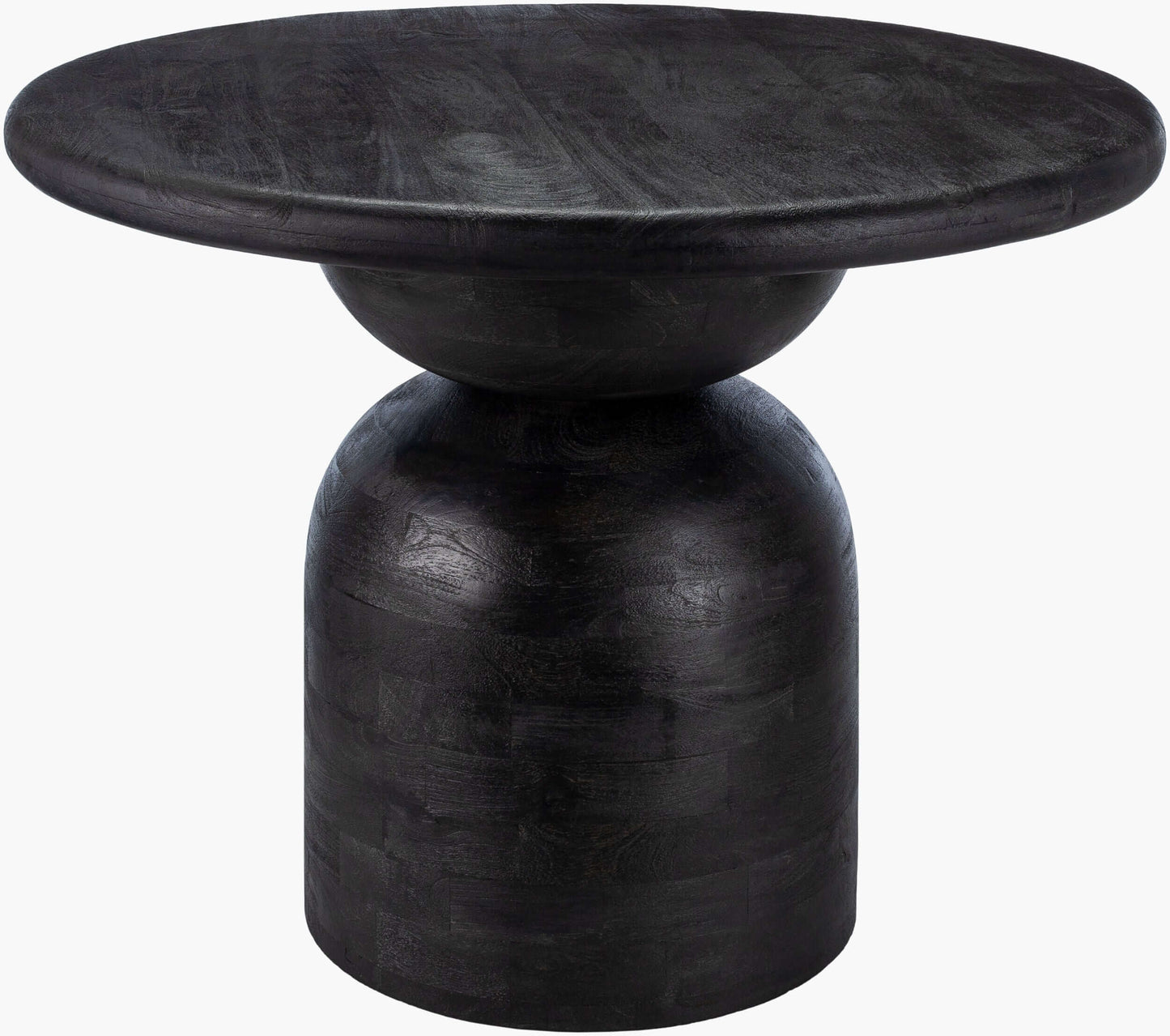 Side profile of the Surya Koben black pedestal dining table highlighting its sleek, minimalist design.