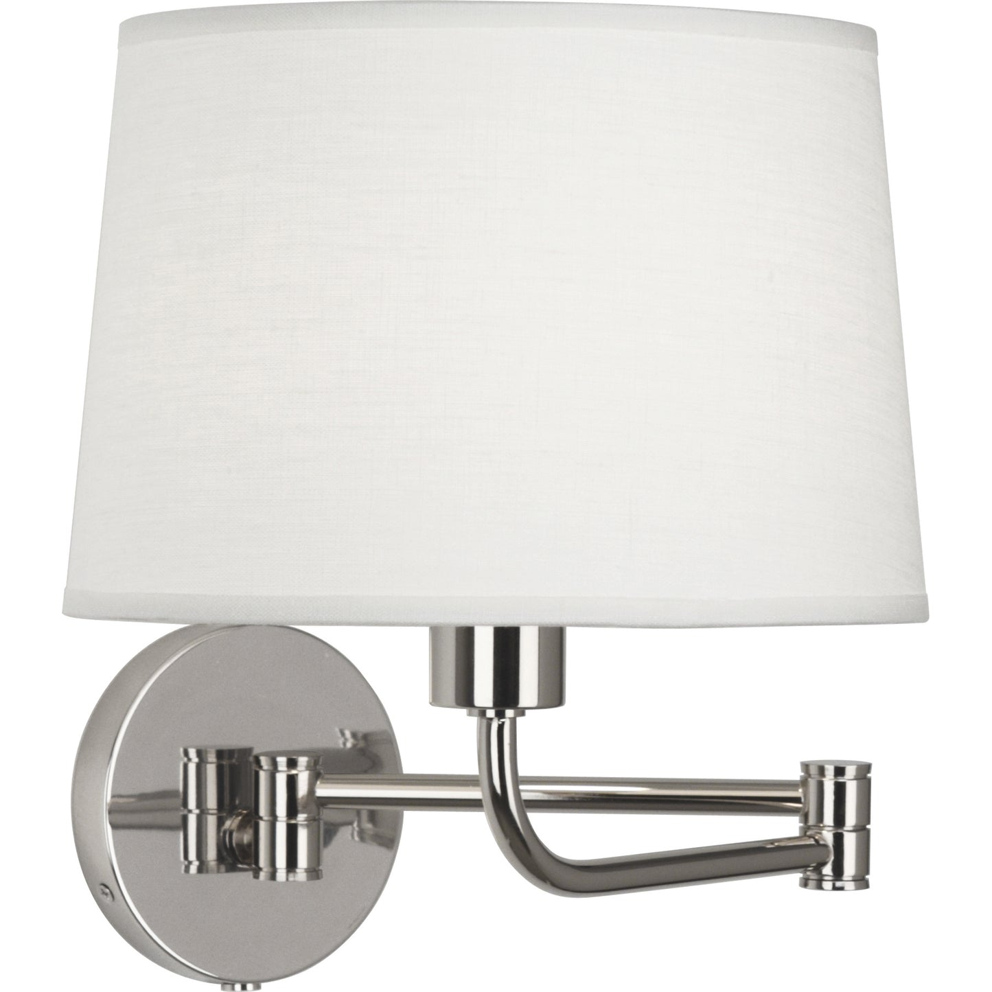 Polished nickel Koleman wall sconce featuring hi-lo dimming control and classic fabric shade.