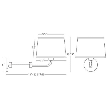 Dimensions diagram for Koleman wall swinger showing adjustable arm range and shade height.