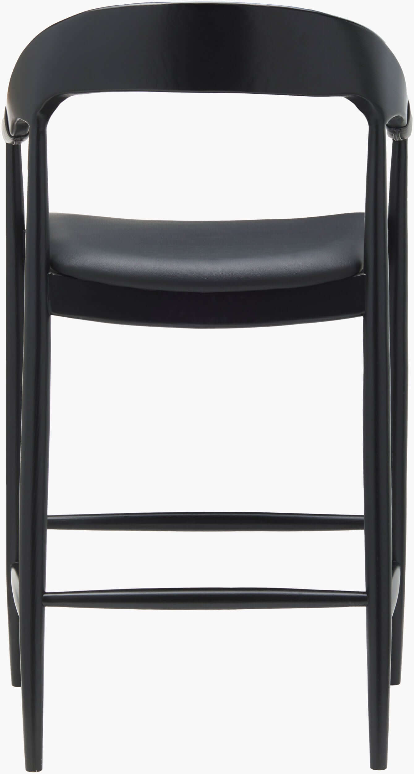 Back view of the Kisco Bar Stool by Surya, highlighting its sleek black wooden frame and comfortable faux leather seat.