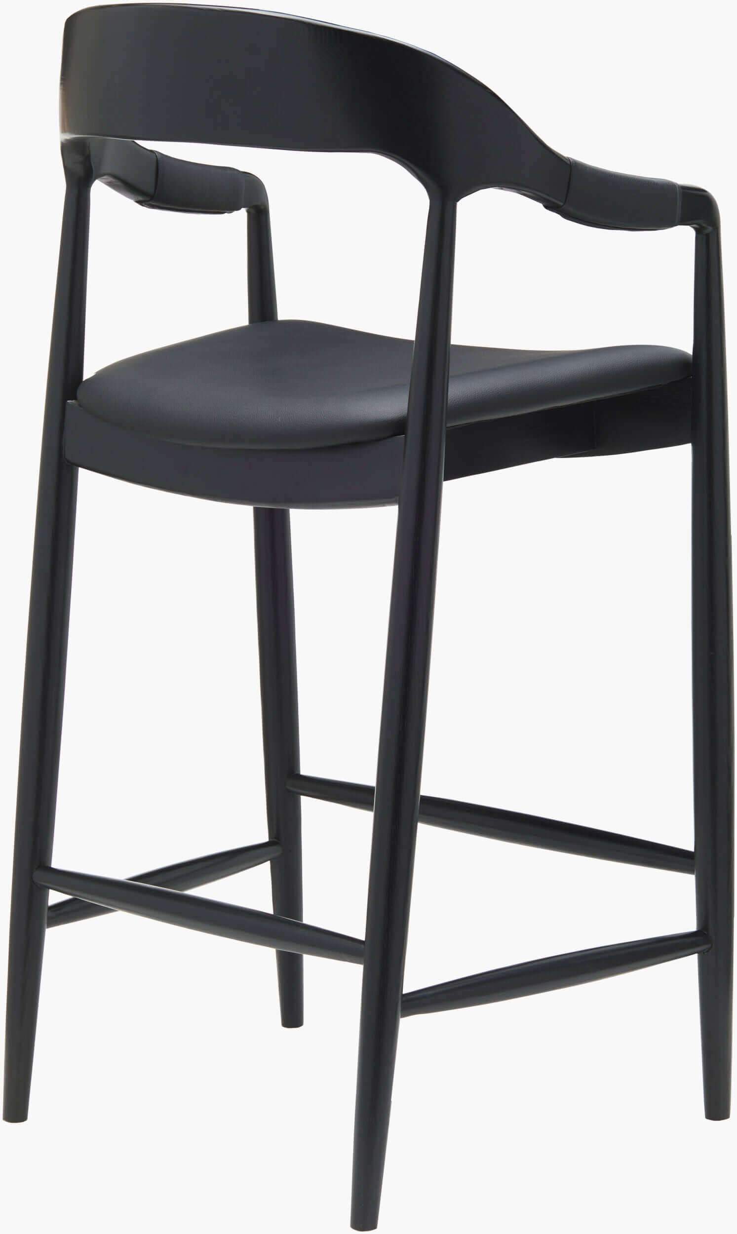 Back view of the Kisco Bar Stool by Surya, emphasizing the elegant curve of the backrest and the smooth black wooden frame.