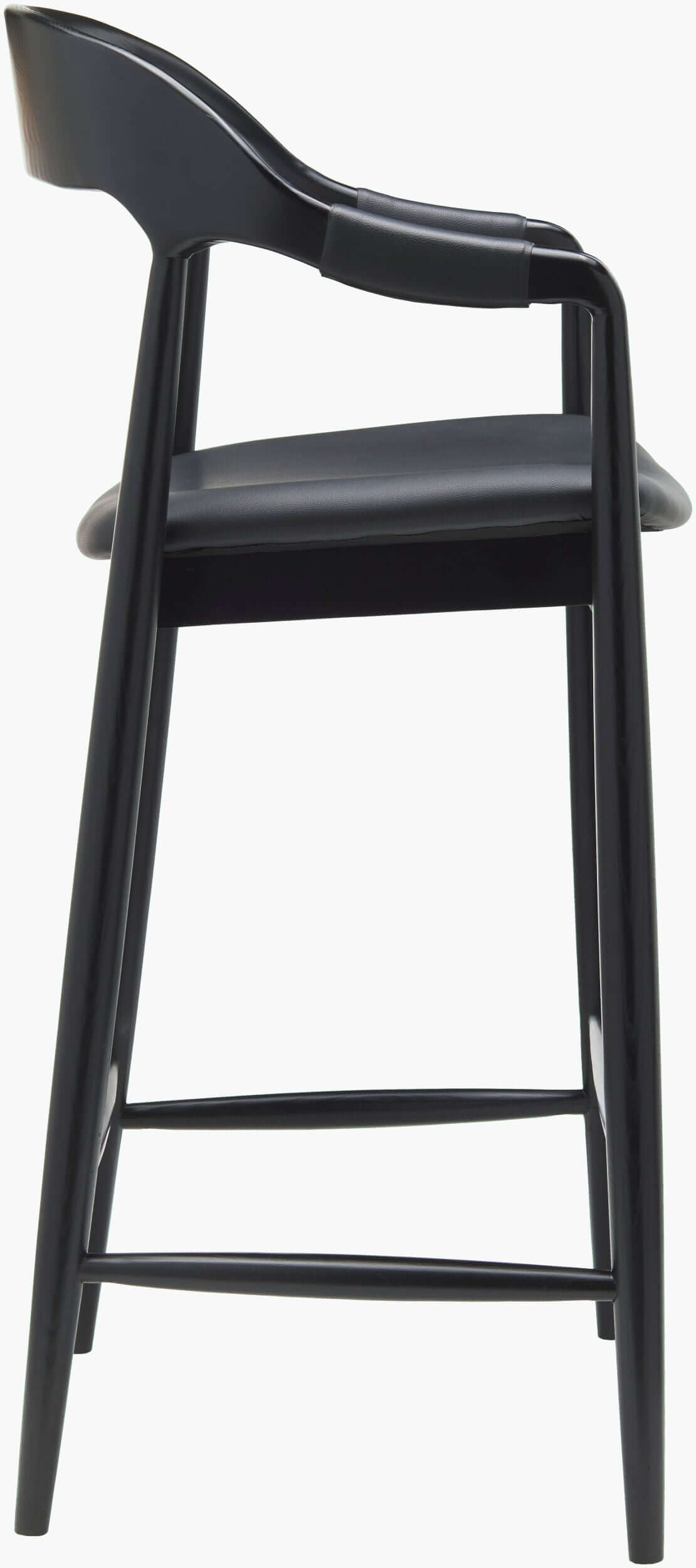 Close-up view of the Kisco Bar Stool seat edge, featuring black faux leather upholstery and smooth finish.