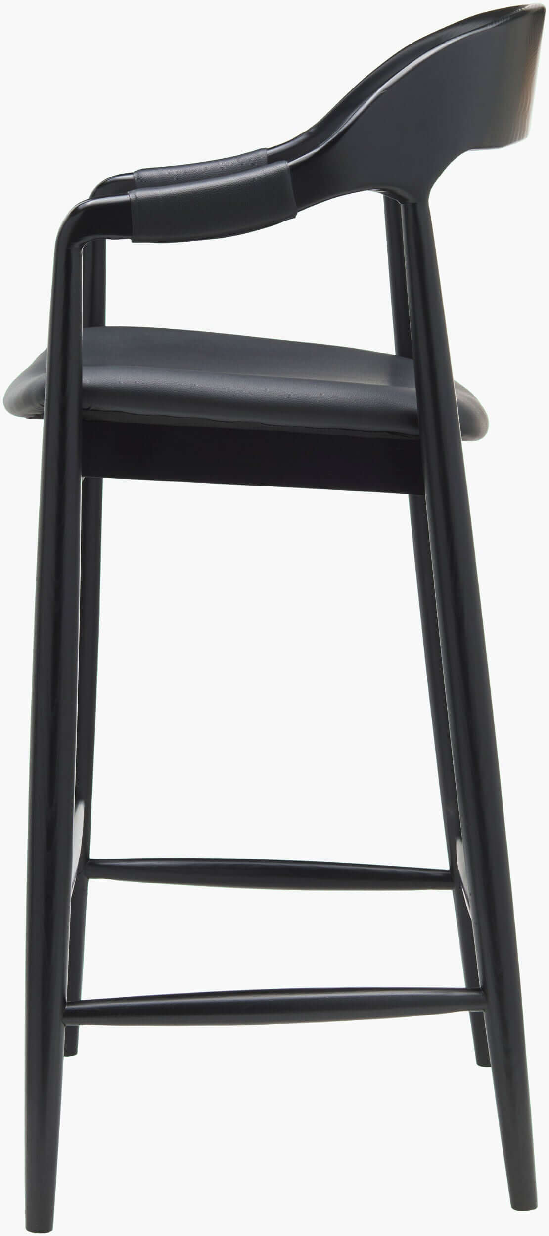 Side profile of the Kisco Bar Stool by Surya, showing its modern design and sturdy ash wood legs