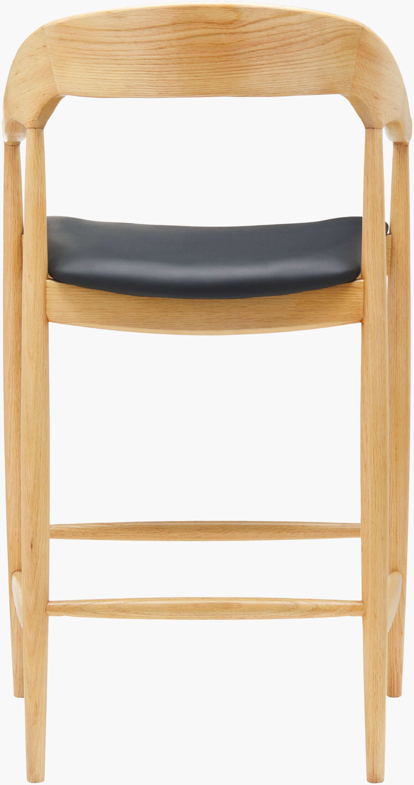 Back view of the Kisco Natural Bar Stool by Surya, showcasing its sleek natural wooden frame and comfortable faux leather seat.